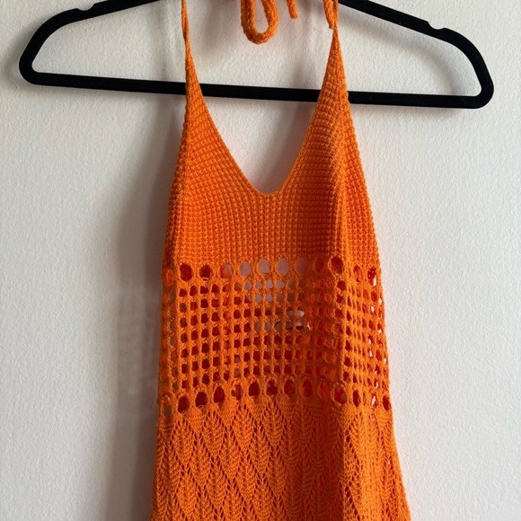 Gimaguas Sz S Pachanka Crochet Orange Resort Beach Halter Mini Dress - Picture 3 of 8